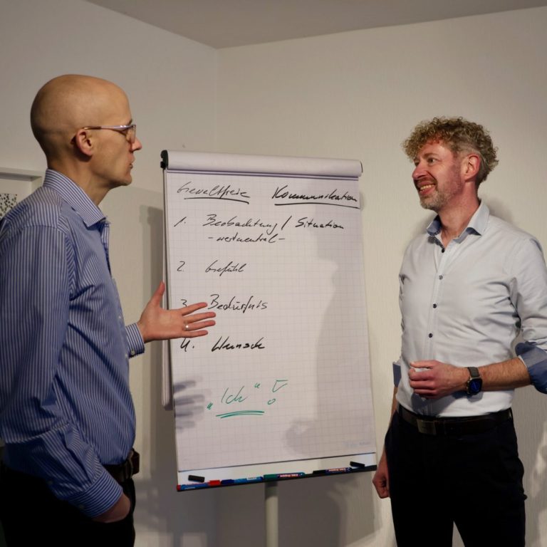 Michael Feiten und Alexander Morgen stehen vor einem Flipchart und halten einen Workshop.